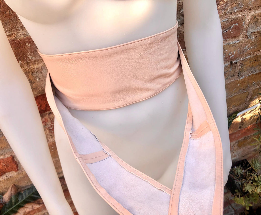 Light PINK obi belt. Soft genuine soft leather wrap belt. Wraparound waist belt. Wide style. Soft pink dress belt in metallic leather.