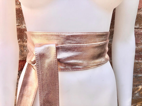 PINK - GOLD obi belt. Soft genuine glitter leather wrap belt. Wraparound waist belt. Wide style. Salmon pink dress belt in metallic leather.