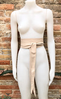 Light beige obi belt. Wrap belt in soft genuine leather. Wraparound waist belt. Wide style. Boho dress belt in soft peach beige leather