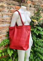 NEW with zipper + lining. large tote leather bag in TERRACOTTA RED.Soft genuine leather shopper. Carry all bag for laptops, tablets, books..