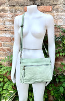 BOHO suede leather bag in light GREEN. Mint crossbody bag, leather bag, boho bag, messenger suede bag. Soft natural leather bag with tassel