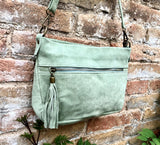 BOHO suede leather bag in light GREEN. Mint crossbody bag, leather bag, boho bag, messenger suede bag. Soft natural leather bag with tassel