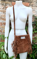 Dark camel brown crossbody fringed bag. BOHO suede leather bag with FRINGES. Tobacco brown genuine suede leather. Rusty brown suede purse.