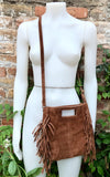 Camel brown crossbody fringed bag. BOHO suede leather bag with FRINGES. Tobacco brown genuine suede leather. Rusty brown suede purse.
