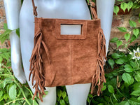 Dark camel brown crossbody fringed bag. BOHO suede leather bag with FRINGES. Tobacco brown genuine suede leather. Rusty brown suede purse.