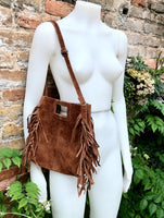 Camel brown crossbody fringed bag. BOHO suede leather bag with FRINGES. Tobacco brown genuine suede leather. Rusty brown suede purse.