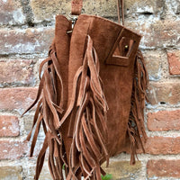 Camel brown crossbody fringed bag. BOHO suede leather bag with FRINGES. Tobacco brown genuine suede leather. Rusty brown suede purse.