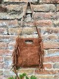 Dark camel brown crossbody fringed bag. BOHO suede leather bag with FRINGES. Tobacco brown genuine suede leather. Rusty brown suede purse.