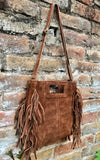 Dark camel brown crossbody fringed bag. BOHO suede leather bag with FRINGES. Tobacco brown genuine suede leather. Rusty brown suede purse.