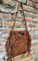 Camel brown crossbody fringed bag. BOHO suede leather bag with FRINGES. Tobacco brown genuine suede leather. Rusty brown suede purse.