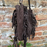 Dark brown crossbody fringed bag. BOHO suede leather bag with FRINGES. Chocolate brown genuine suede leather. Dark brown suede purse.