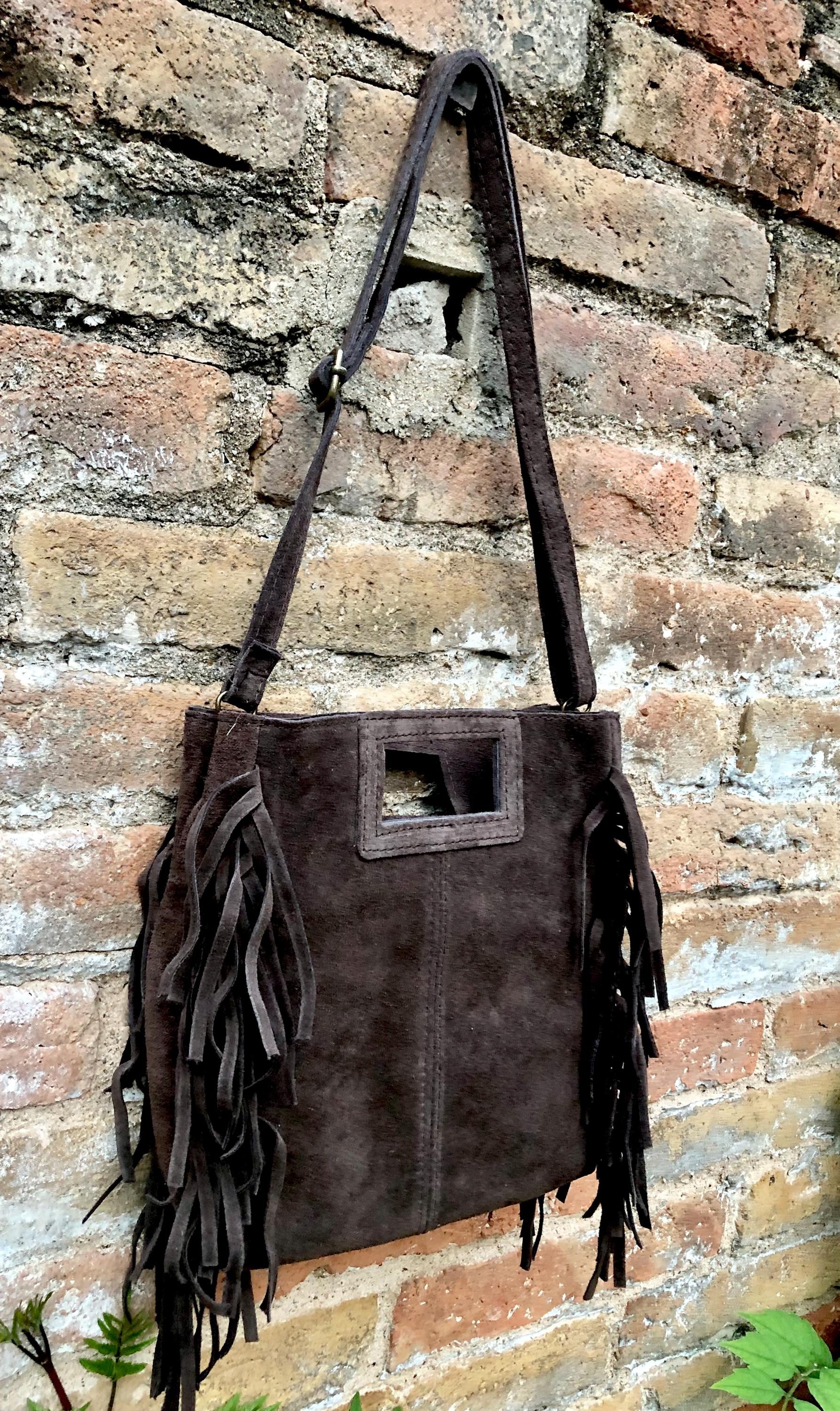 Dark brown crossbody fringed bag. BOHO suede leather bag with FRINGES. Chocolate brown genuine suede leather. Dark brown suede purse.