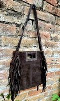 Dark brown crossbody fringed bag. BOHO suede leather bag with FRINGES. Chocolate brown genuine suede leather. Dark brown suede purse.