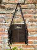 Dark brown crossbody fringed bag. BOHO suede leather bag with FRINGES. Chocolate brown genuine suede leather. Dark brown suede purse.