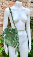 Moss green crossbody fringed bag. BOHO suede leather bag with FRINGES. Green genuine suede leather. Moss green suede purse.