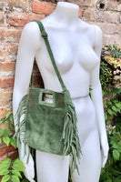 Moss green crossbody fringed bag. BOHO suede leather bag with FRINGES. Green genuine suede leather. Moss green suede purse.