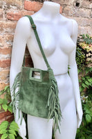 Moss green crossbody fringed bag. BOHO suede leather bag with FRINGES. Green genuine suede leather. Moss green suede purse.