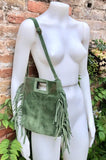 Moss green crossbody fringed bag. BOHO suede leather bag with FRINGES. Green genuine suede leather. Moss green suede purse.