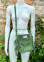 Moss green crossbody fringed bag. BOHO suede leather bag with FRINGES. Green genuine suede leather. Moss green suede purse.