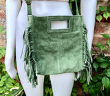 Moss green crossbody fringed bag. BOHO suede leather bag with FRINGES. Green genuine suede leather. Moss green suede purse.