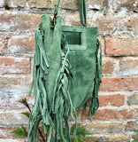 Moss green crossbody fringed bag. BOHO suede leather bag with FRINGES. Green genuine suede leather. Moss green suede purse.