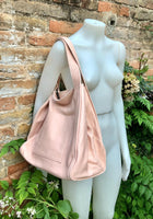 Pink leather bag. TOTE leather shopper in light PINK. Genuine leather. Shoulder bag for your laptop, ipad, tablet or books + guitar strap