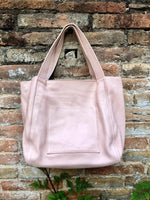 Pink leather bag. TOTE leather shopper in light PINK. Genuine leather. Shoulder bag for your laptop, ipad, tablet or books + guitar strap