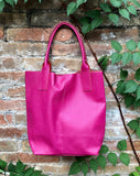 Hot PINK shopper bag in GENUINE leather. Large carry all bag for laptops, books. Fuchsia pink leather tote / bucket bag. Pink leather purse