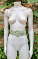 Light GREEN waist belt with large round buckle.Mint green boho soft suede wide belt. Genuine natural suede leather. Sage green dress belt