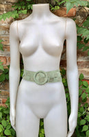 Light GREEN waist belt with large round buckle.Mint green boho soft suede wide belt. Genuine natural suede leather. Sage green dress belt