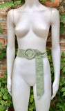 Light GREEN waist belt with large round buckle.Mint green boho soft suede wide belt. Genuine natural suede leather. Sage green dress belt