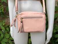 Small light PINK leather bag. GENUINE leather shoulder / cross body bag. Soft PINK leather purse with adjustable strap and zipper.