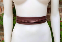 Obi belt in soft leather. Narrow style. Wrap belt in BROWN. Maroon brown wraparound waist belt in genuine leather. Boho brown dress belt.