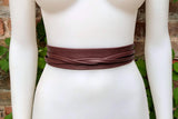 Obi belt in soft leather. Narrow style. Wrap belt in BROWN. Maroon brown wraparound waist belt in genuine leather. Boho brown dress belt.