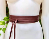 Obi belt in soft leather. Narrow style. Wrap belt in BROWN. Maroon brown wraparound waist belt in genuine leather. Boho brown dress belt.