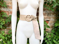 Beige leather waist belt with large round buckle. Soft leather belt in beige. Genuine leather dress belt. Beige wide waist belt