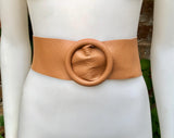 Light camel brown leather waist belt with round buckle. Soft leather belt in camel brown. Genuine leather dress belt. Brown wide waist belt