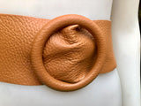 Light camel brown leather waist belt with round buckle. Soft leather belt in camel brown. Genuine leather dress belt. Brown wide waist belt