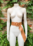 Light camel brown leather waist belt with round buckle. Soft leather belt in camel brown. Genuine leather dress belt. Brown wide waist belt