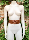 Dark camel brown leather waist belt with round buckle. Soft leather belt in camel brown. Genuine leather dress belt. Brown wide waist belt