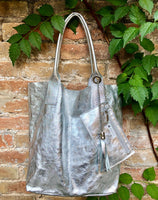 Shoulder leather bag in SILVER. GENUINE leather shopper bag. Large carry all bag for your laptop, books. Metallic GOLD leather purse