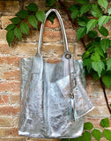 Shoulder leather bag in SILVER. GENUINE leather shopper bag. Large carry all bag for your laptop, books. Metallic GOLD leather purse