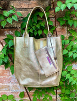 Shoulder leather bag in GOLD. GENUINE leather shopper bag. Large carry all bag for your laptop, books. Metallic effect golden leather purse