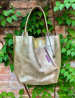 Shoulder leather bag in GOLD. GENUINE leather shopper bag. Large carry all bag for your laptop, books. Metallic effect golden leather purse