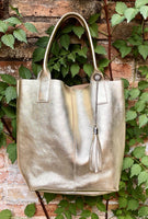 Shoulder leather bag in GOLD. GENUINE leather shopper bag. Large carry all bag for your laptop, books. Metallic effect golden leather purse