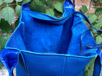 Tote leather bag in COBALT blue. Leather shopper in GENUINE leather. Large carry all bag for your laptop, books.BLUE leather shopper bag