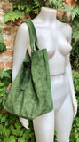 Moss GREEN leather shopper bag in genuine natural suede. Slouchy green carry all tote bag for laptop, tablet, books. Green suede purse