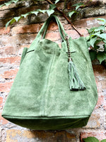 Moss GREEN leather shopper bag in genuine natural suede. Slouchy green carry all tote bag for laptop, tablet, books. Green suede purse