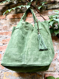 Moss GREEN leather shopper bag in genuine natural suede. Slouchy green carry all tote bag for laptop, tablet, books. Green suede purse