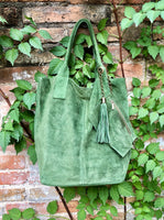 Moss GREEN leather shopper bag in genuine natural suede. Slouchy green carry all tote bag for laptop, tablet, books. Green suede purse